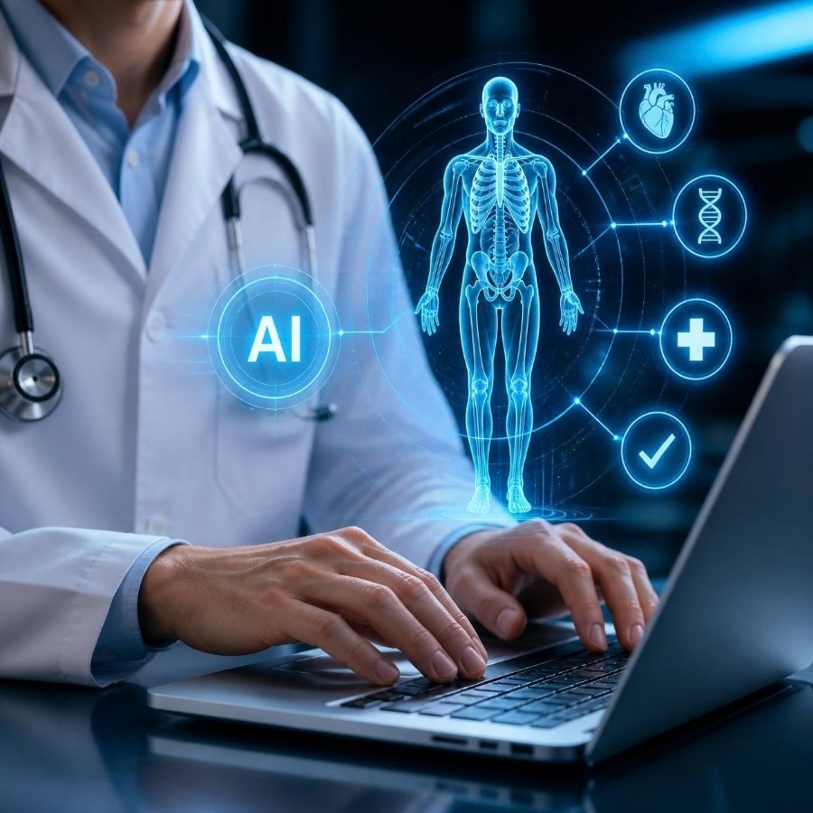 Médico conectado a tecnología de inteligencia artificial para diagnóstico digital